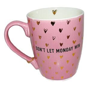 Hazel & Co Pink Mug "Dont Let Monday Win" Gold Heart Ceramic Coffee Tea Cup Mug